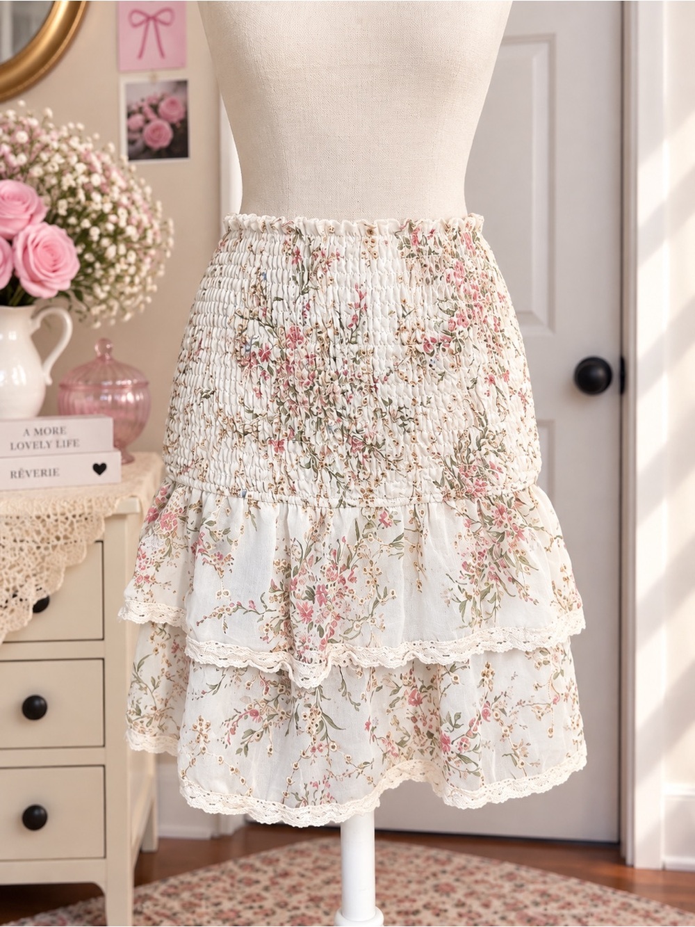 Cream Floral Tiered Skirt